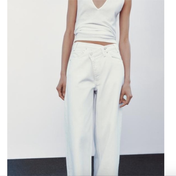 Zara Crossover Waist Wide Leg Cropped White Jeans 2 - Picture 11 of 11